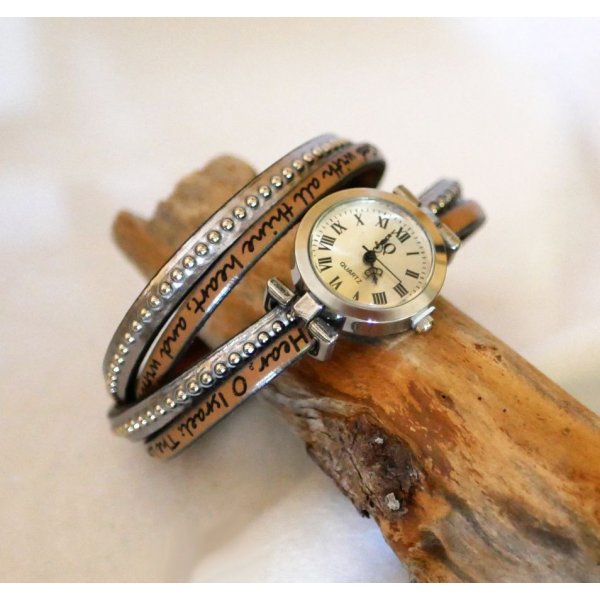 Silver watch with double leather strap, choice of color beads to personalize 
