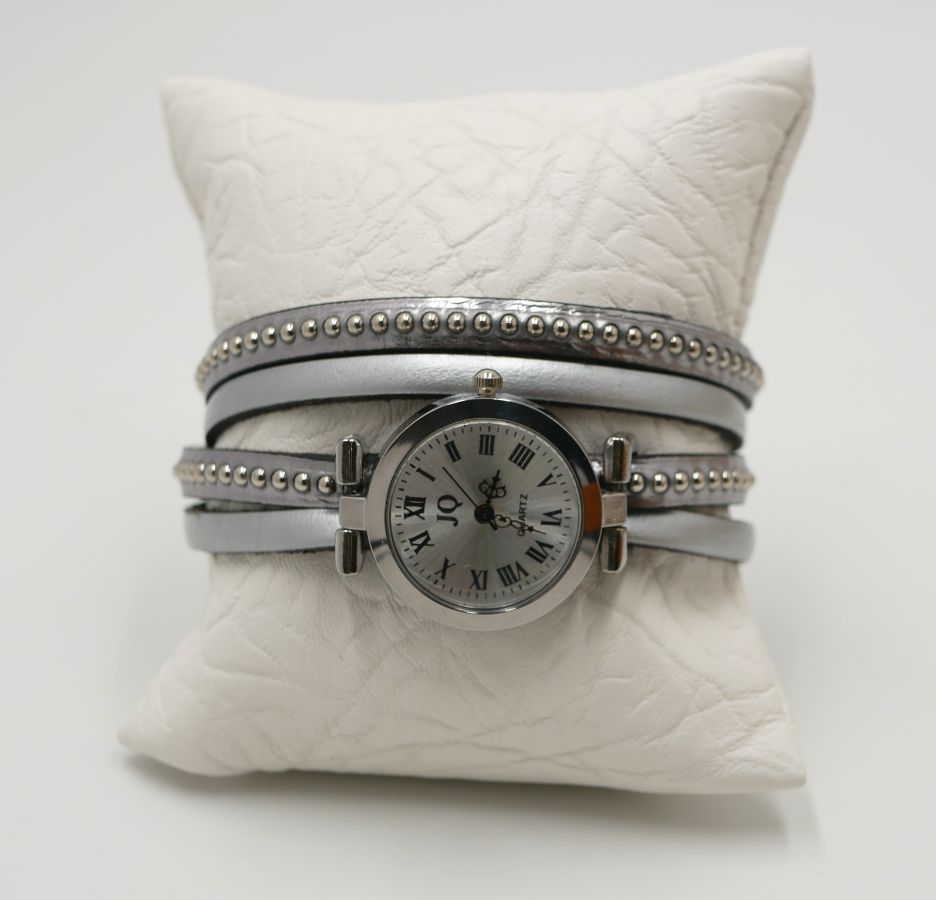 Silver watch with double leather strap, choice of color beads to personalize 