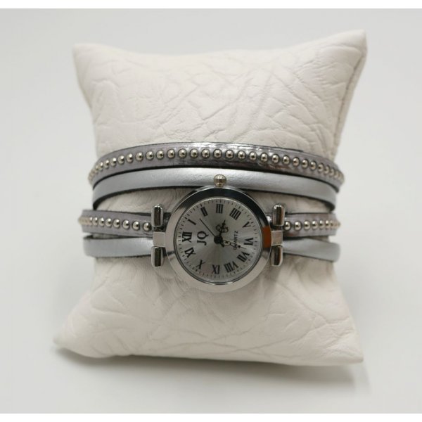Silver watch with double leather strap, choice of color beads to personalize 