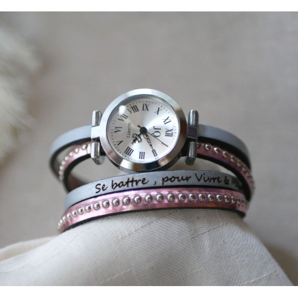 Watch with double pink metallic leather strap to personalize 
