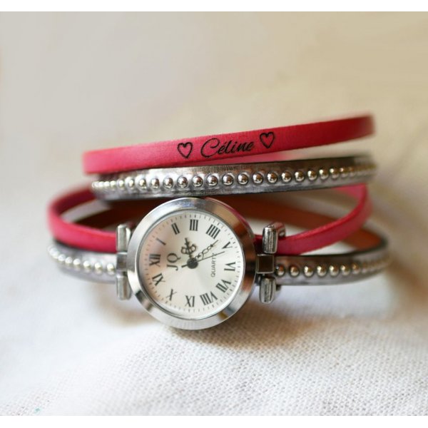 Silver watch with double leather strap, choice of color beads to personalize 