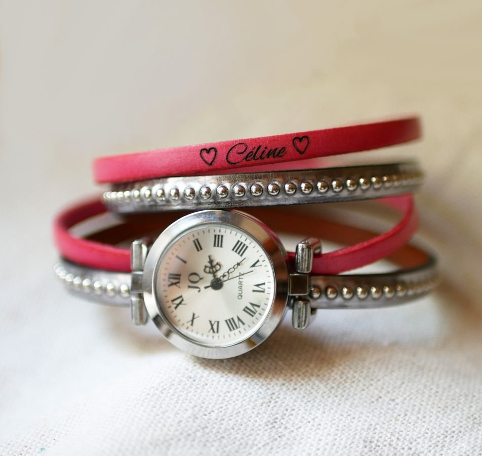 Silver watch with double leather strap, choice of color beads to personalize 