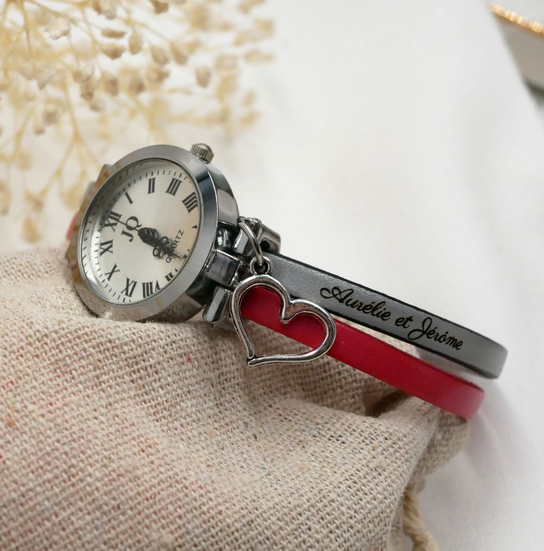 Silver-plated watch with duo leather strap in your choice of color and personalized engraving