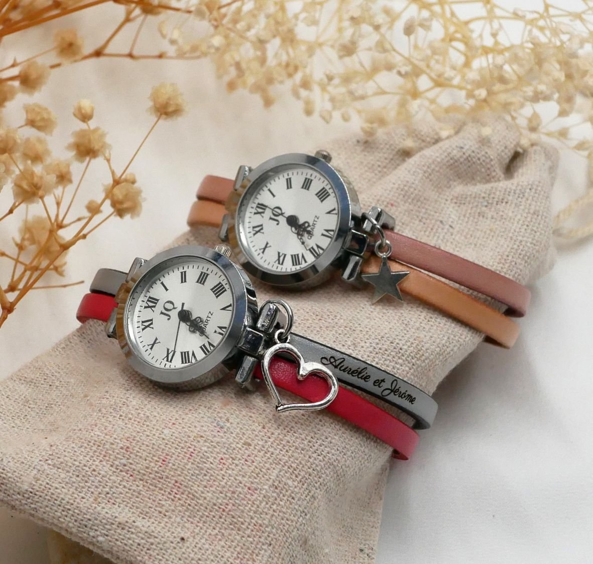 Silver-plated watch with duo leather strap in your choice of color and personalized engraving