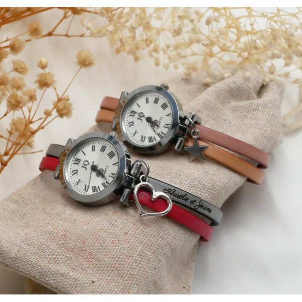 Silver-plated watch with duo leather strap in your choice of color and personalized engraving