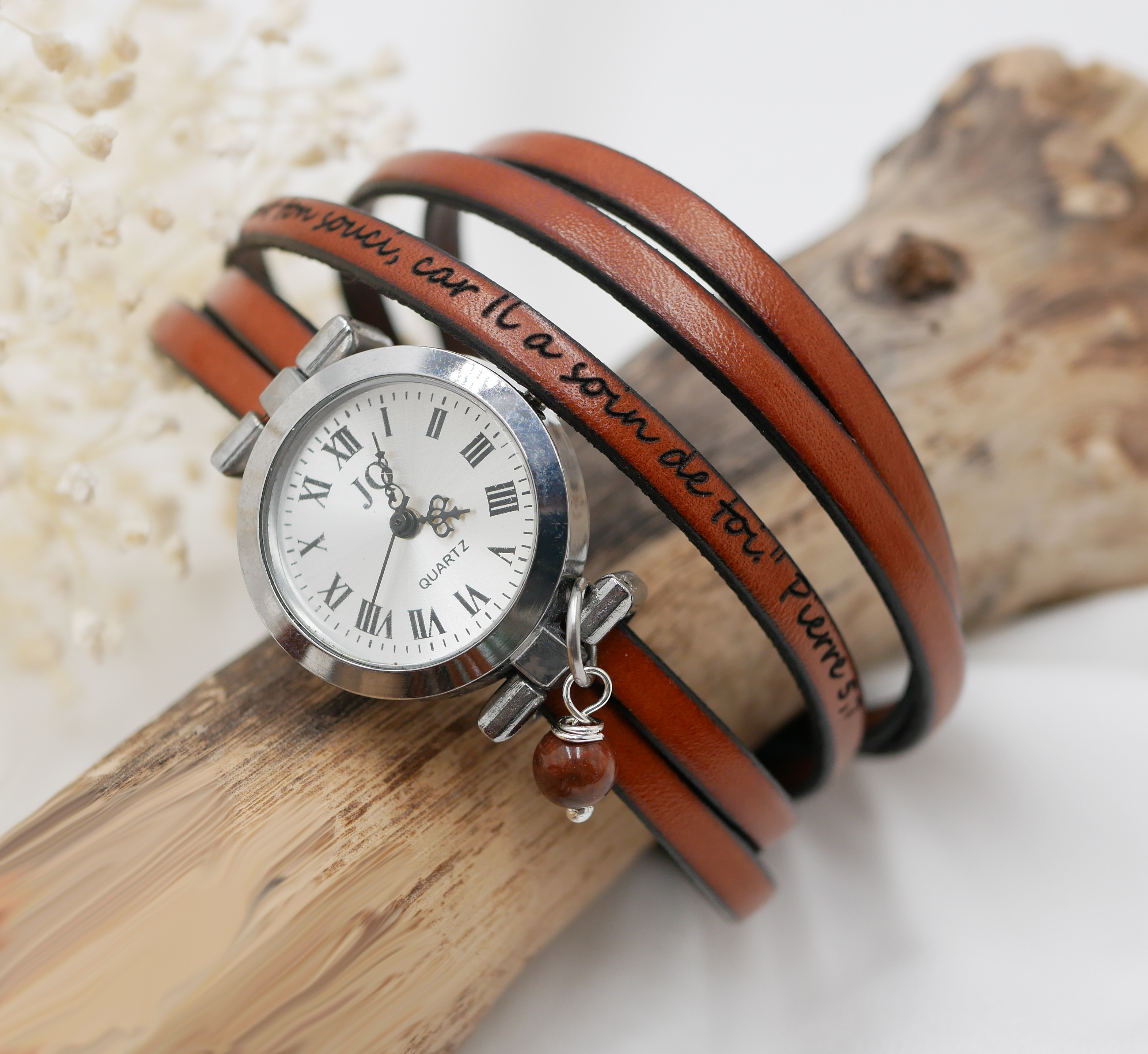 Silver multi-turn leather watch with adjustable clasp