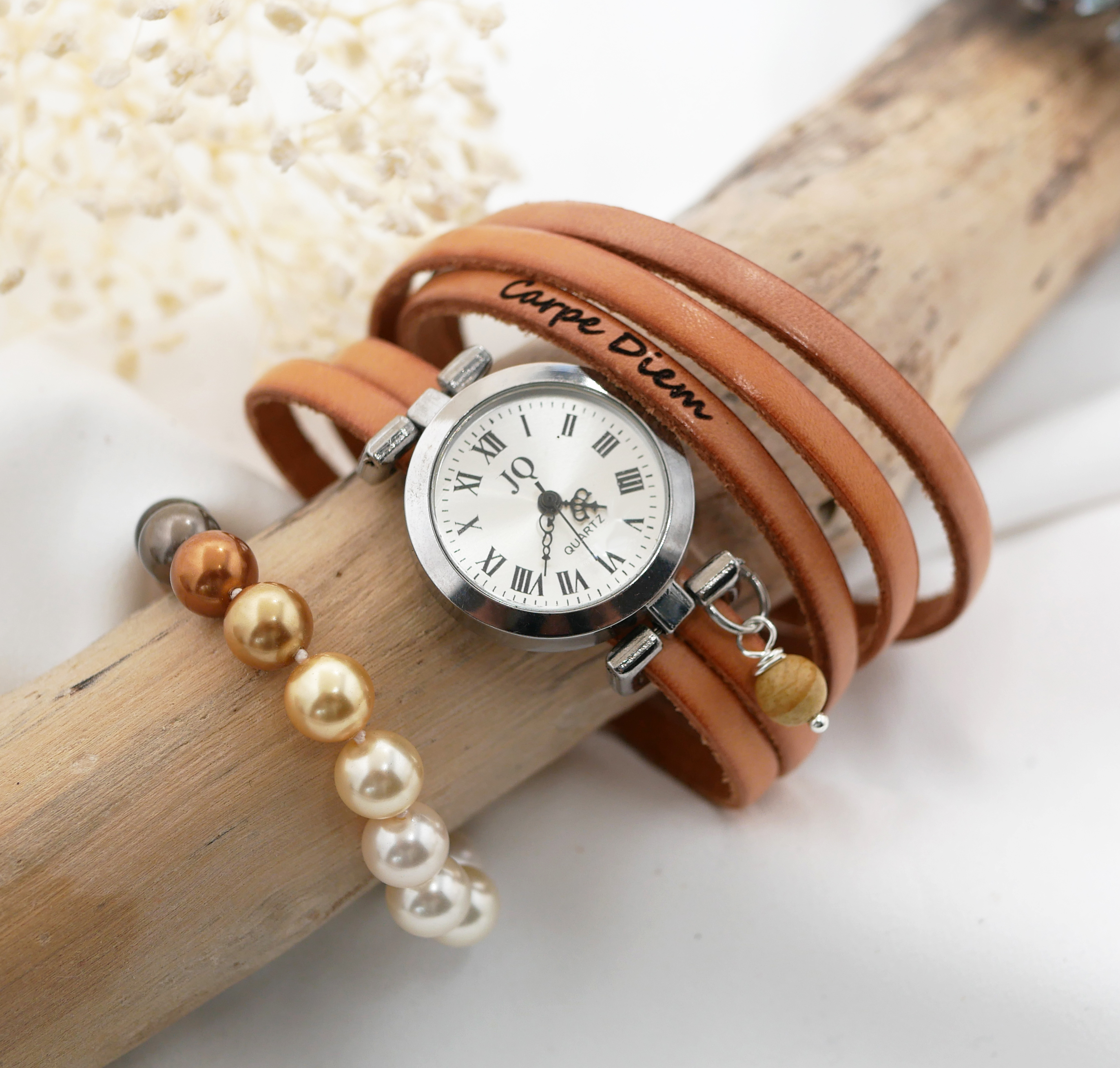 Silver multi-turn leather watch with adjustable clasp