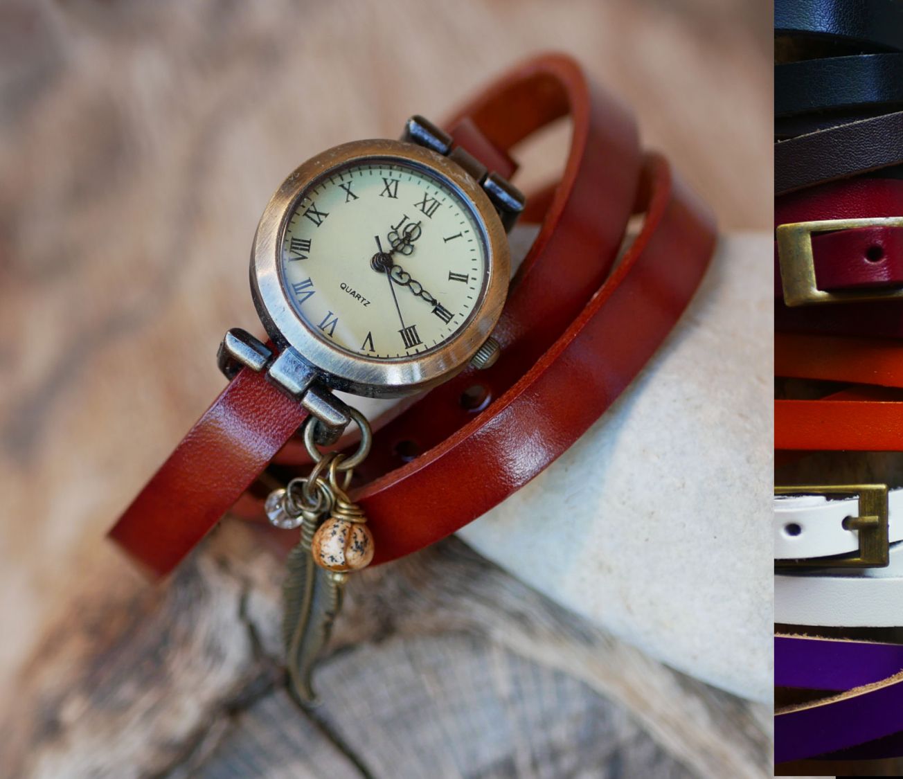 Leather bracelet watch with feather and pearl charms