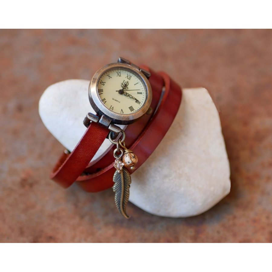 Leather bracelet watch with feather and pearl charms