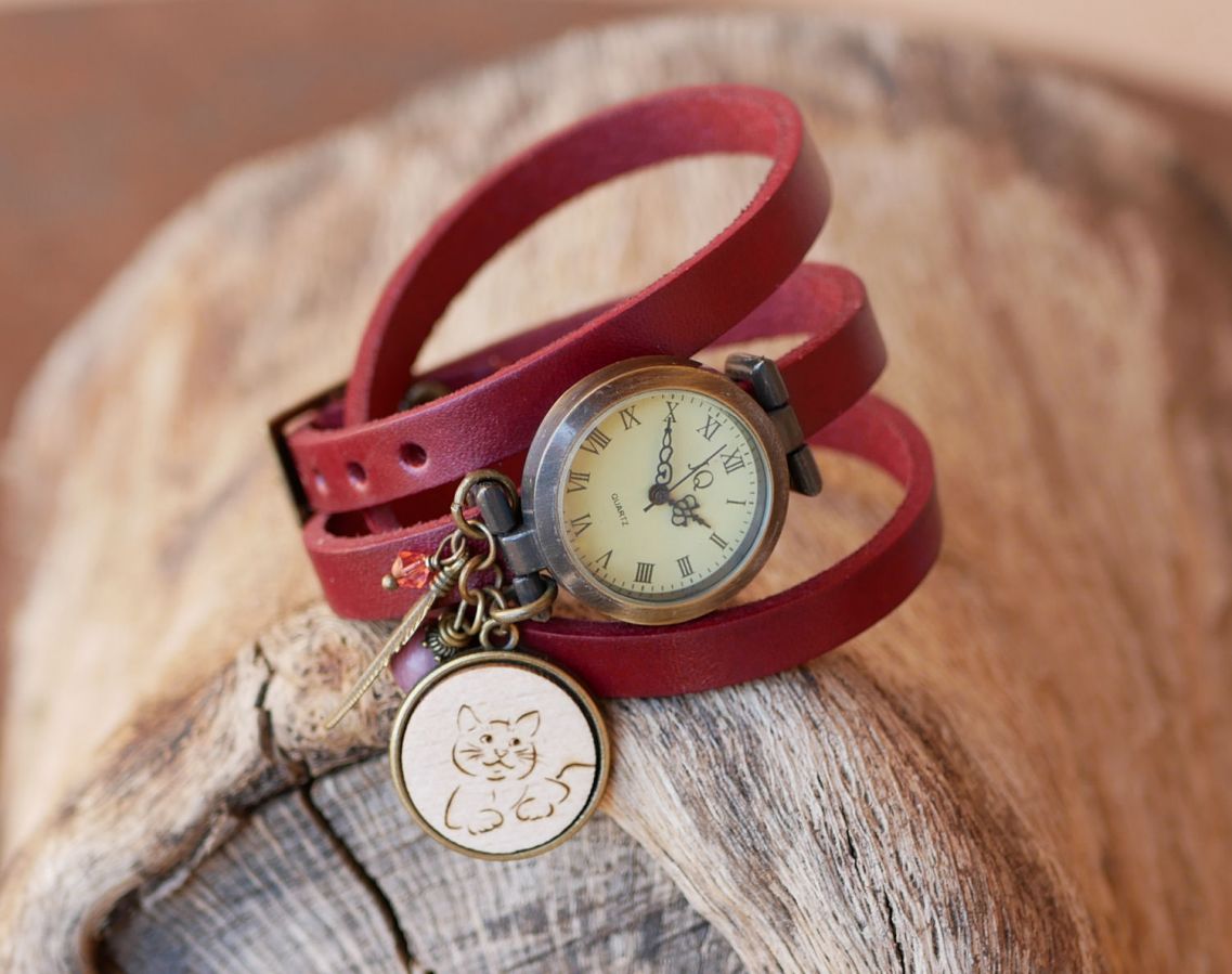 Watch leather bracelet cabochon wood to engrave