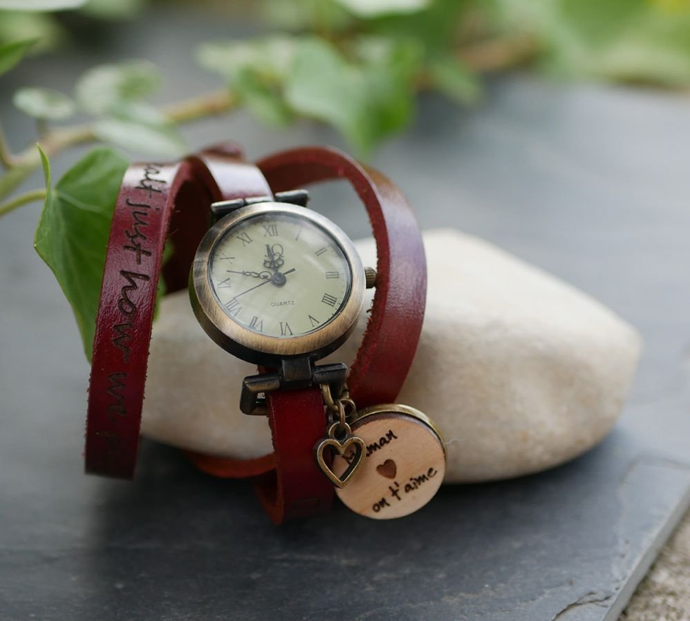 Watch leather bracelet cabochon wood to engrave