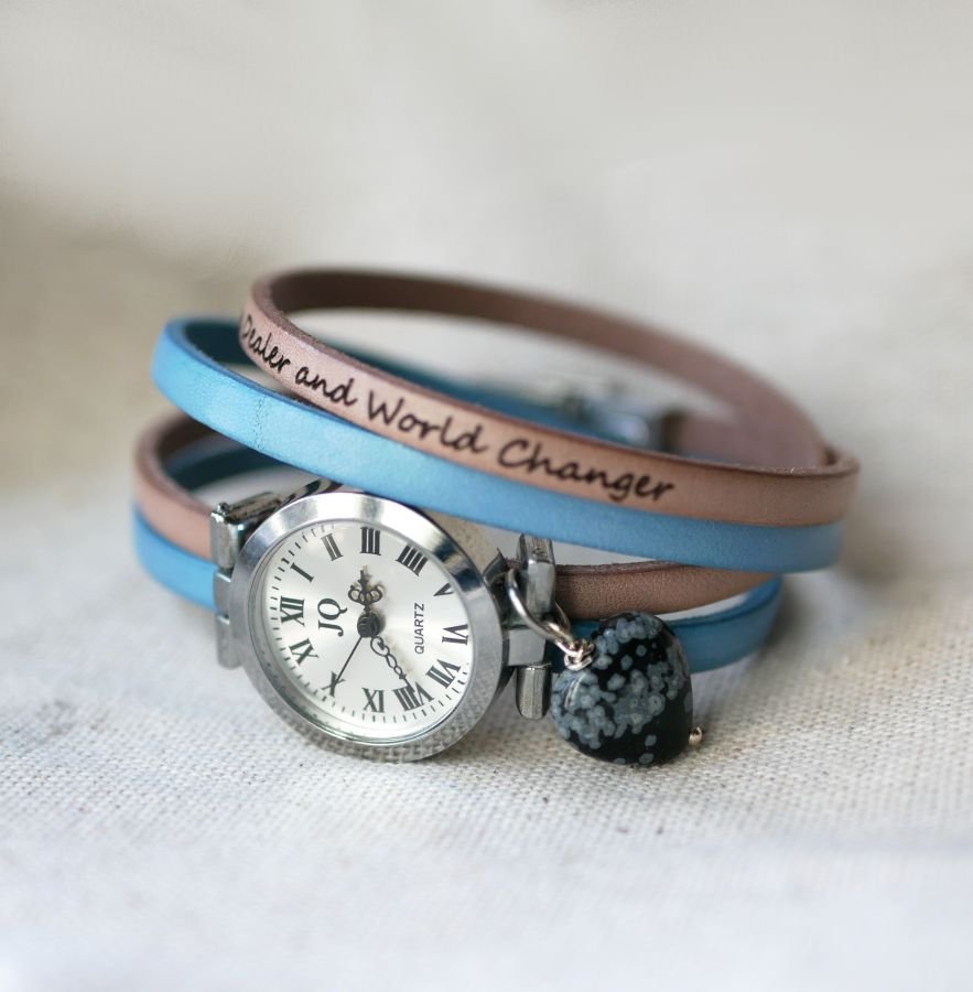 Double leather watch with obsidian stone heart colors to customize 