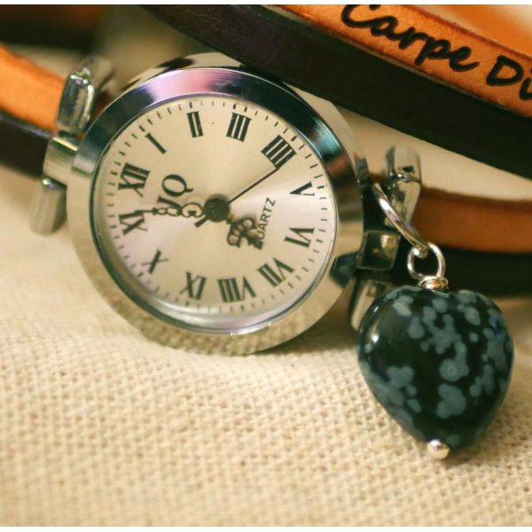 Double leather watch with obsidian stone heart colors to customize 