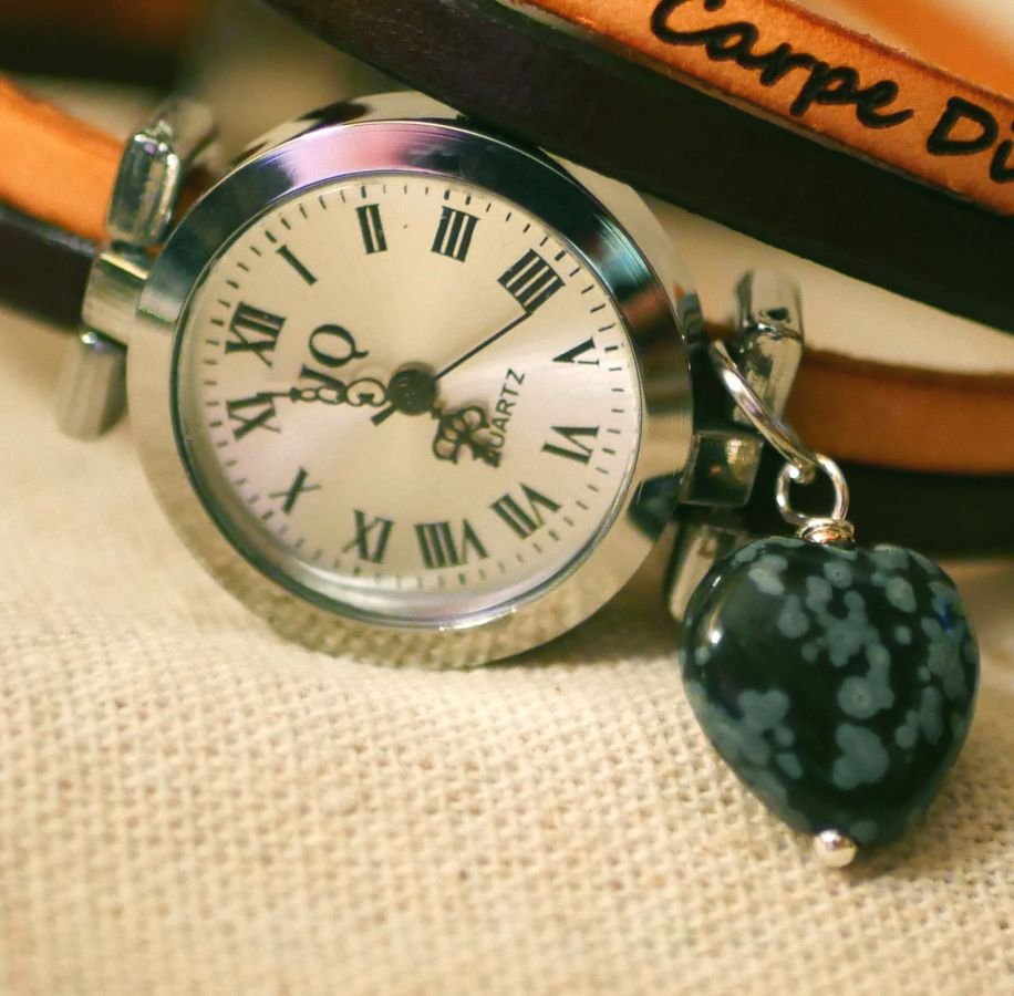 Double leather watch with obsidian stone heart colors to customize 