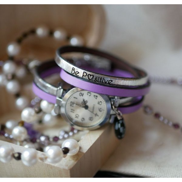 Double leather watch with obsidian stone heart colors to customize 