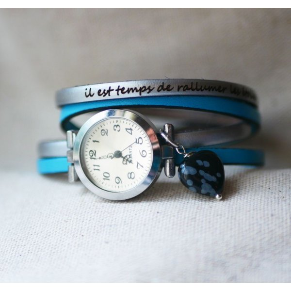 Double leather watch with obsidian stone heart colors to customize 