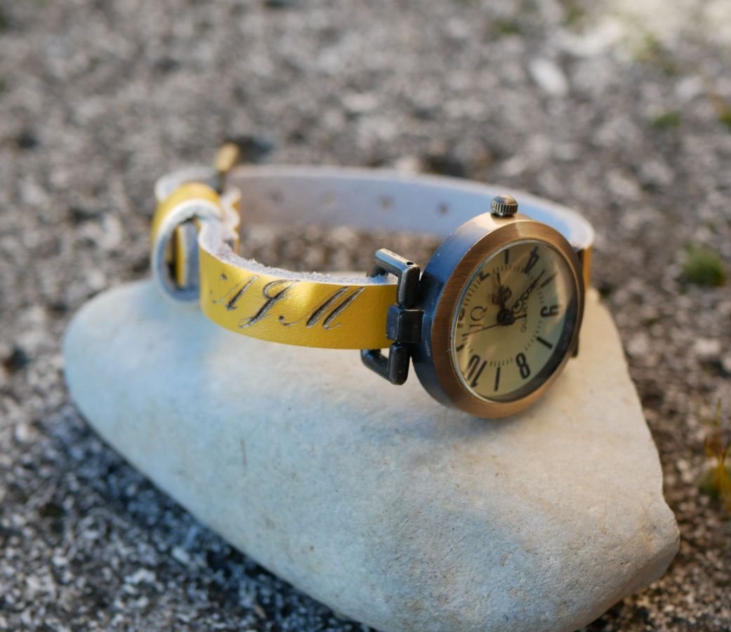 Leather bracelet watch with engraved initials