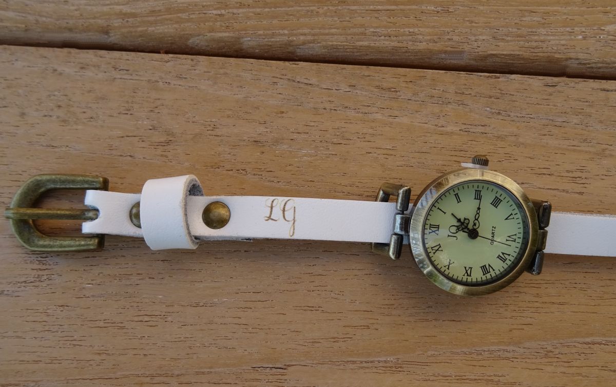 Leather bracelet watch with engraved initials