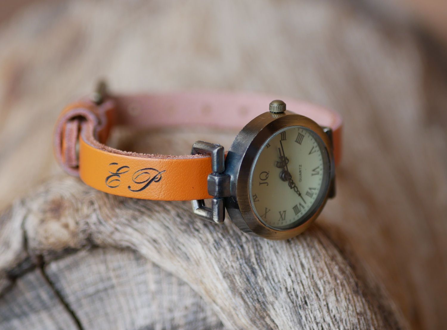 Leather bracelet watch with engraved initials