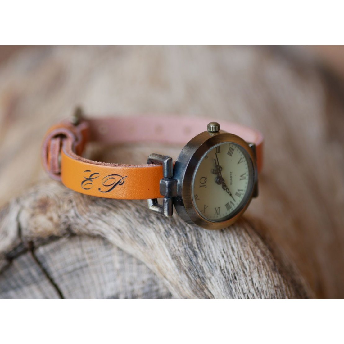 Leather bracelet watch with engraved initials