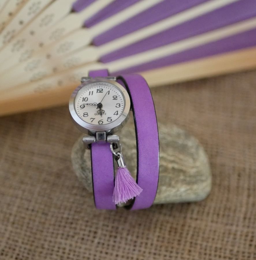 Leather bracelet watch Lilac 2 or 3 turns with pompom