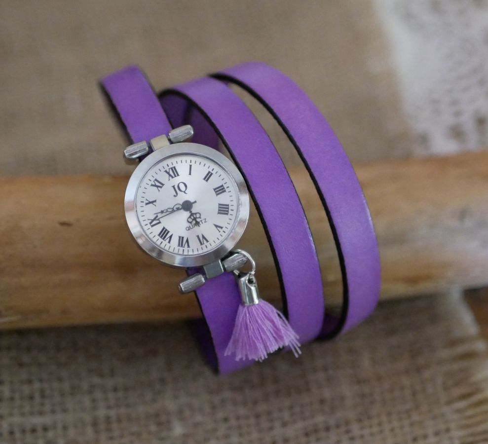 Leather bracelet watch Lilac 2 or 3 turns with pompom