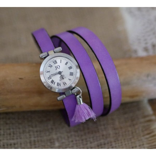 Leather bracelet watch Lilac 2 or 3 turns with pompom