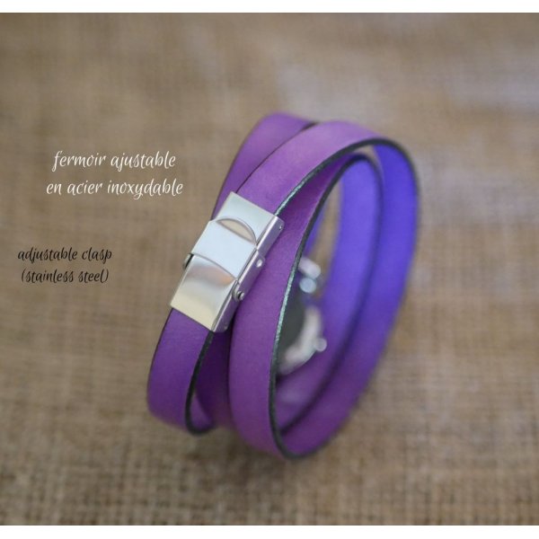 Leather bracelet watch Lilac 2 or 3 turns with pompom