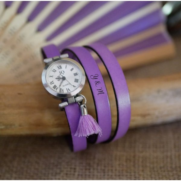 Leather bracelet watch Lilac 2 or 3 turns with pompom