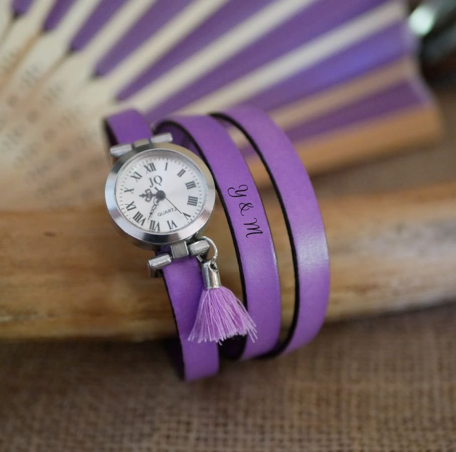 Leather bracelet watch Lilac 2 or 3 turns with pompom