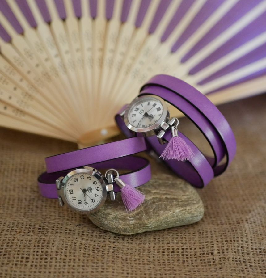 Leather bracelet watch Lilac 2 or 3 turns with pompom