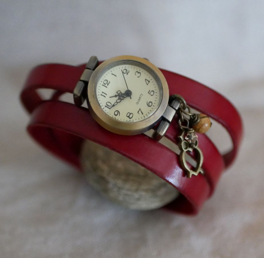 Leather bracelet watch 2 or 3 rounds with pearl and pendant