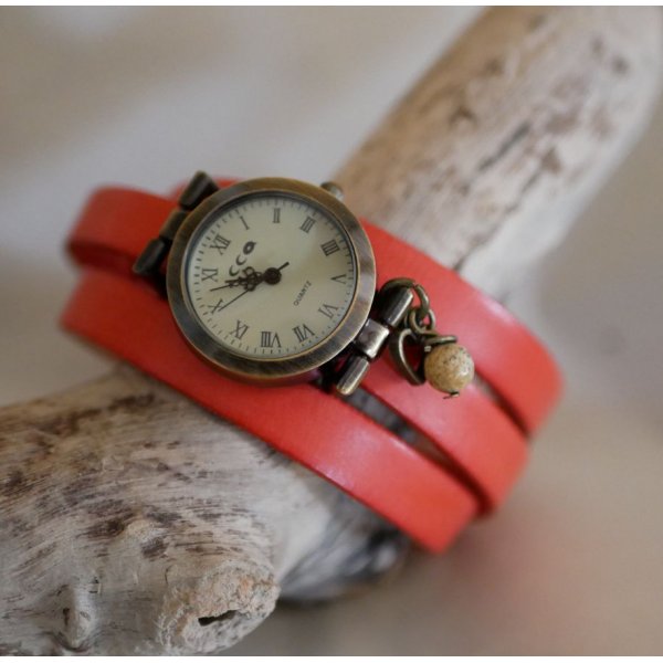 Leather bracelet watch 2 or 3 rounds with pearl and pendant