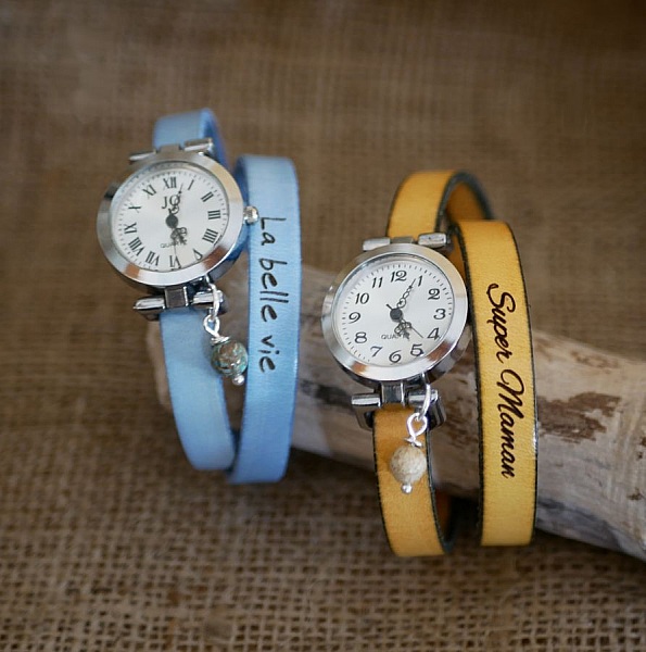 Montres bracelets en cuir personnalisables avec gravure sur mesure.