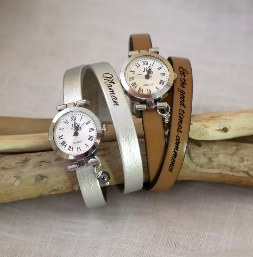 Leather bracelet watch 2 turns customizable with silver dial