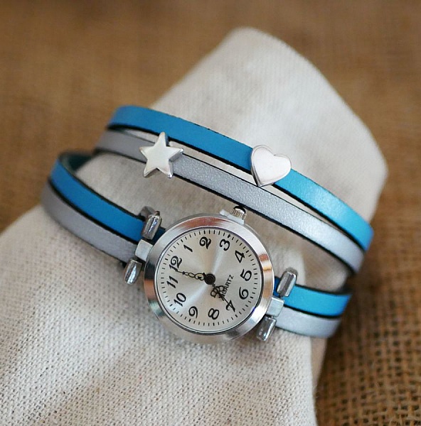 Leather bracelet watch to be personalized with silver dial and heart and star loops 