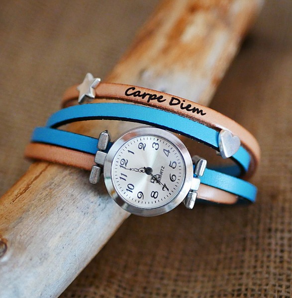 Leather bracelet watch to be personalized with silver dial and heart and star loops 