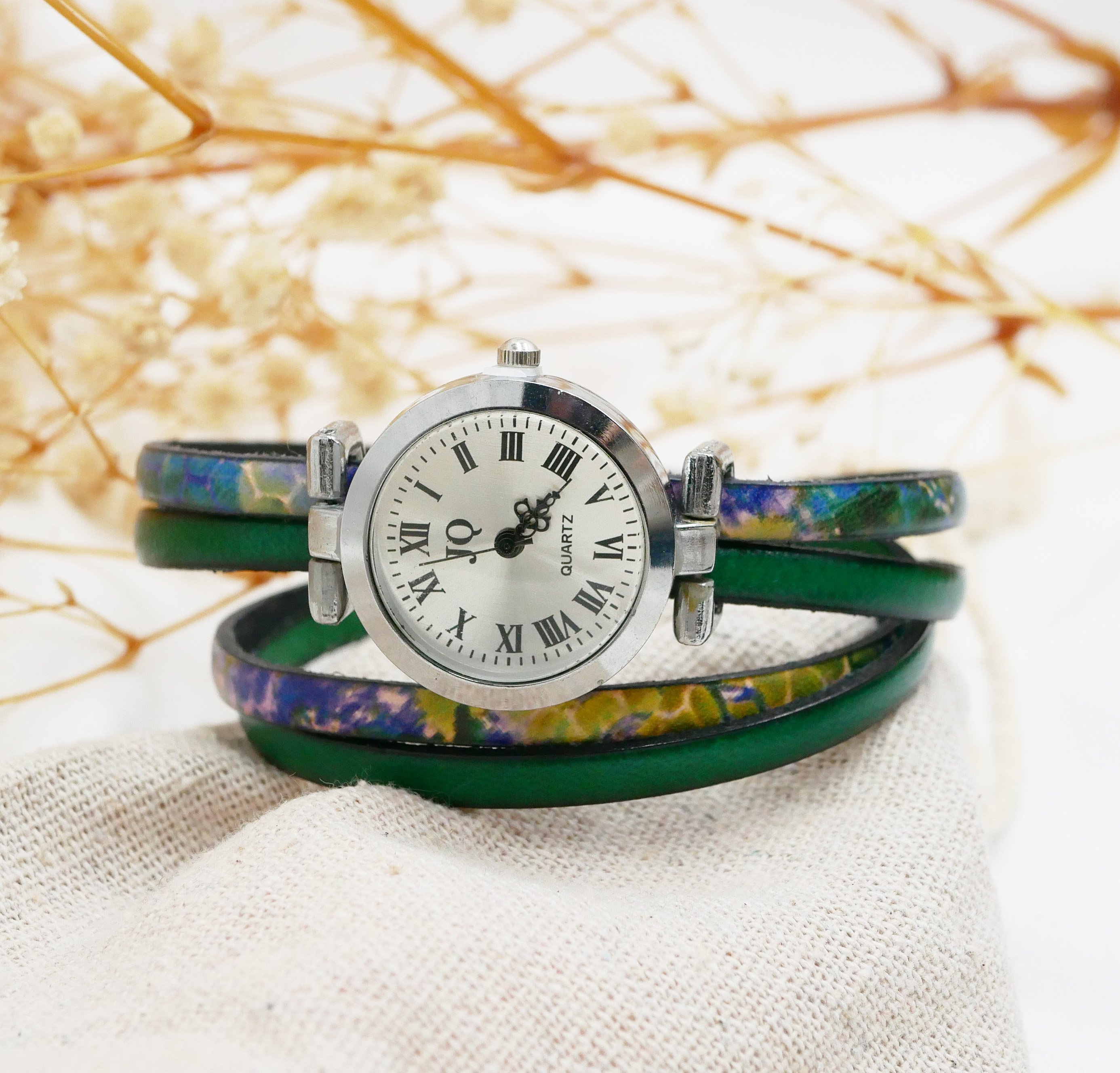 Double leather watch with impressionist print and choice of color to personalize 