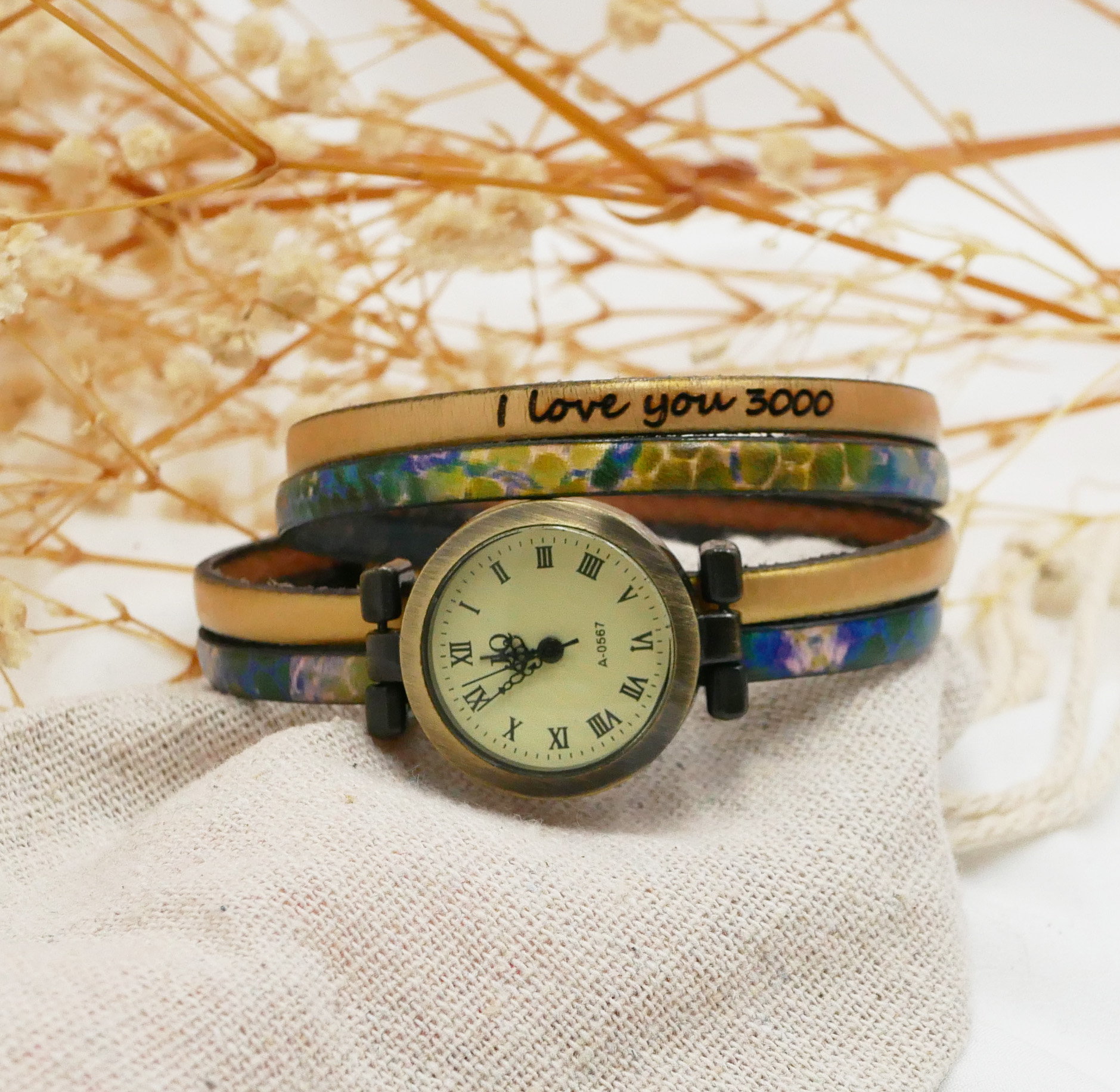 Double leather watch with impressionist print and choice of color to personalize 