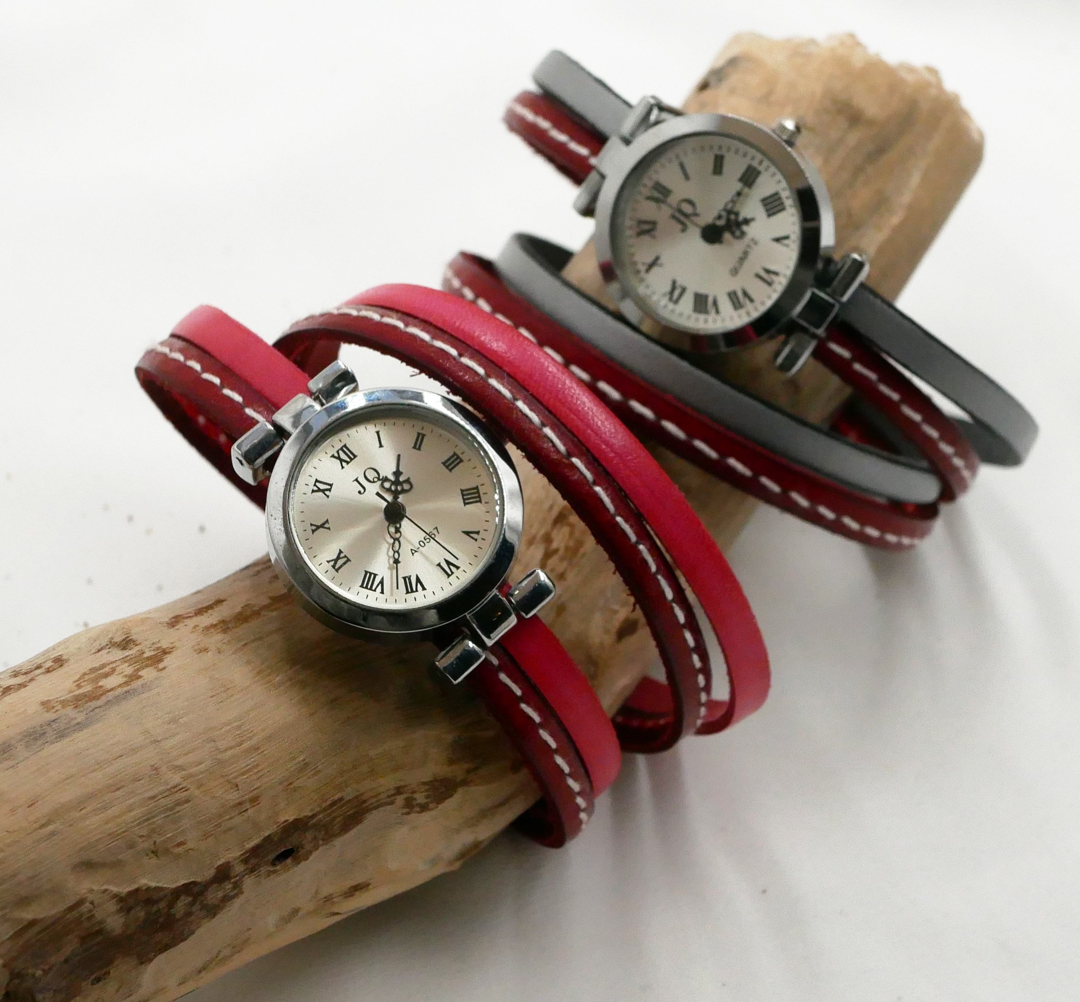 Red double leather strap watch with stitching 