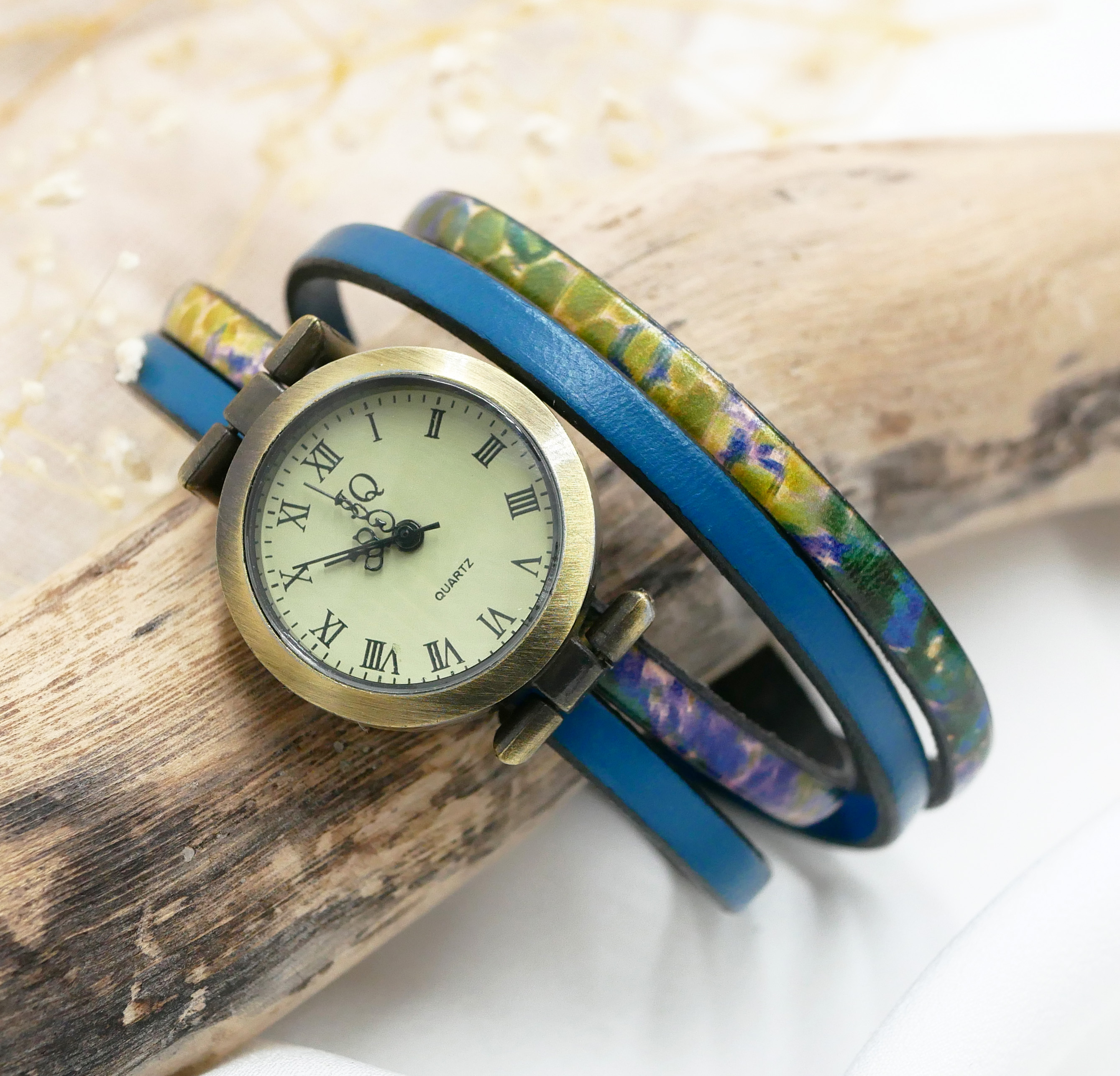 Double leather watch with impressionist print and choice of color to personalize 