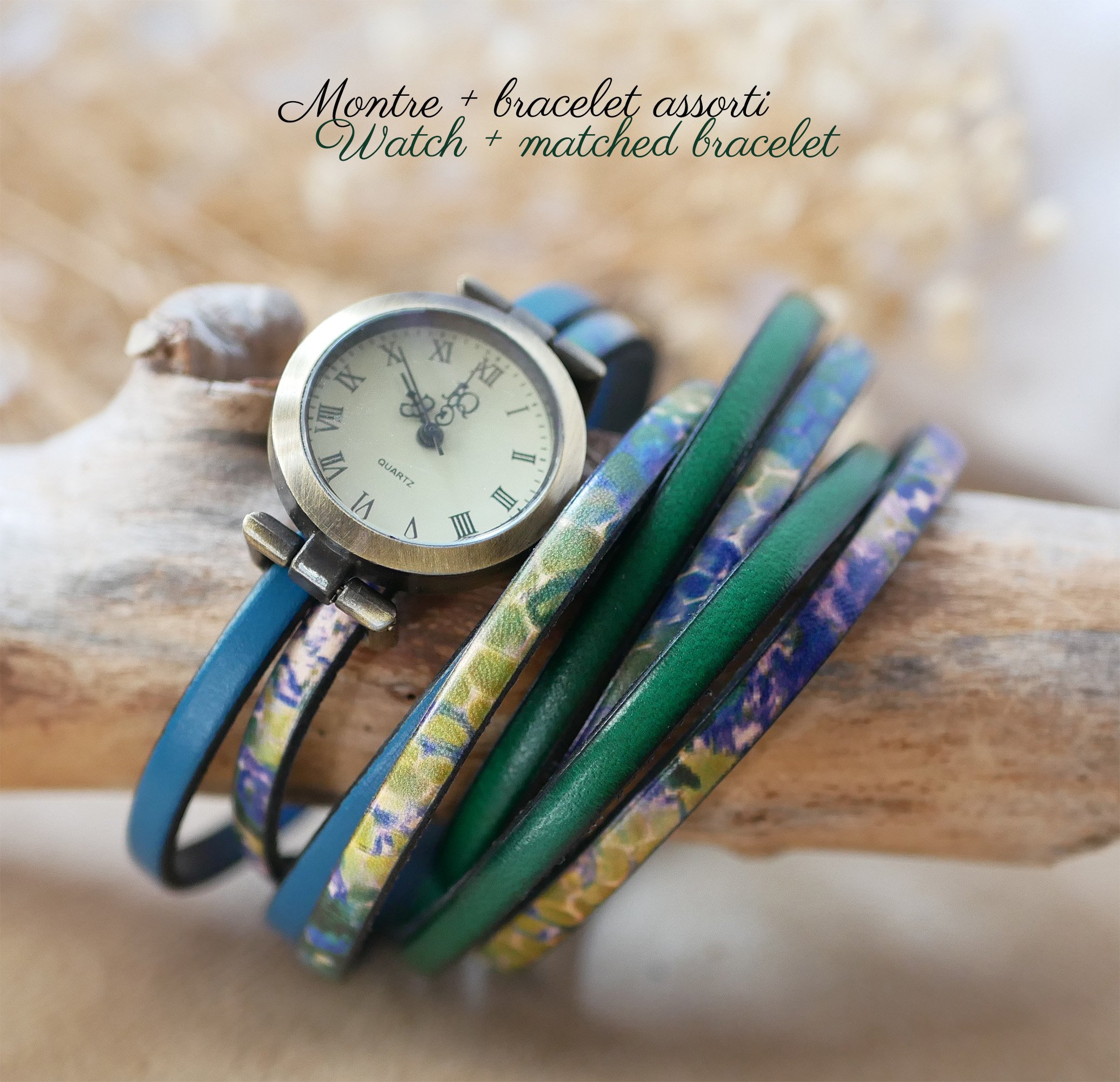 Double leather watch with impressionist print and choice of color to personalize 