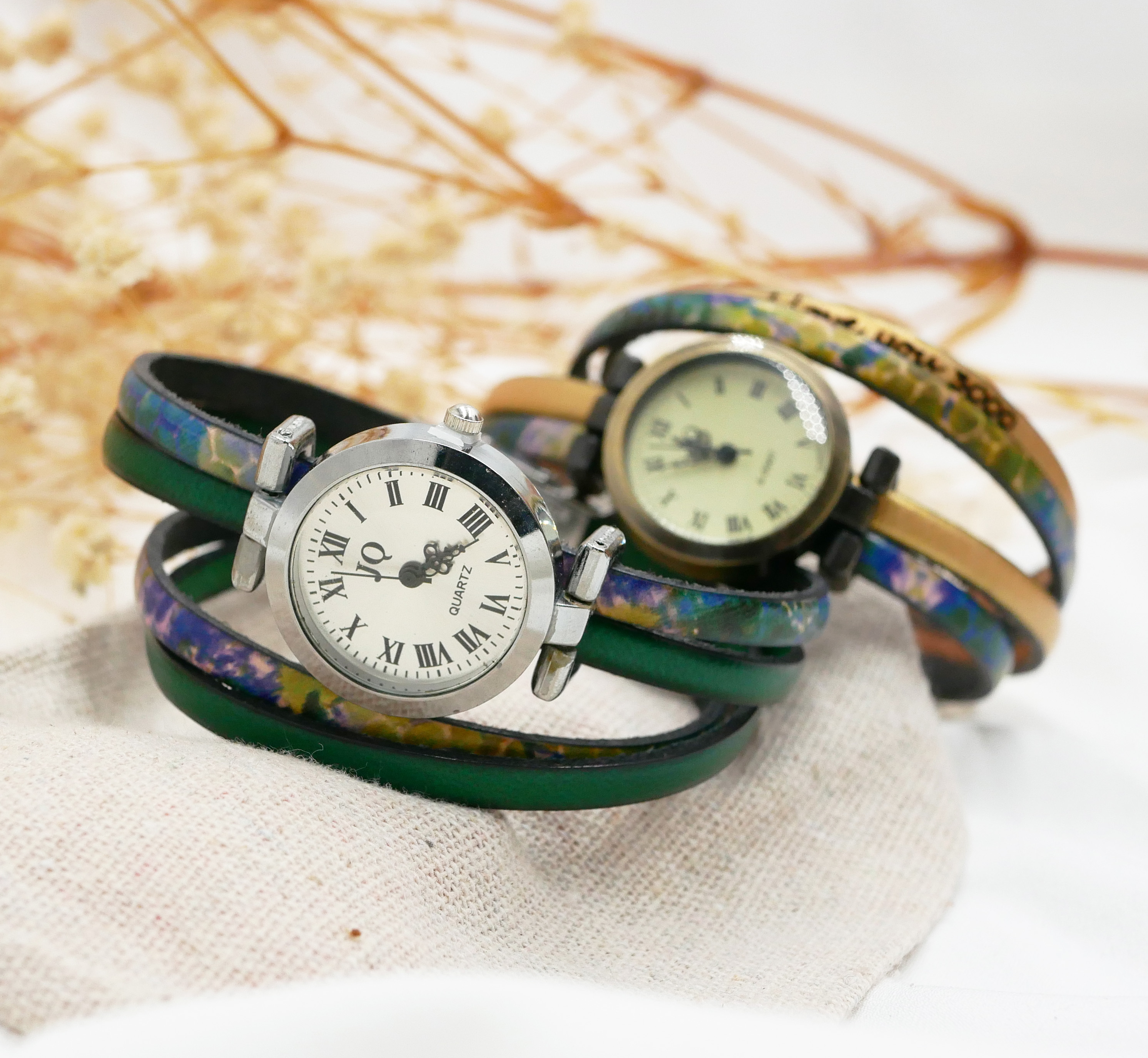 Double leather watch with impressionist print and choice of color to personalize 