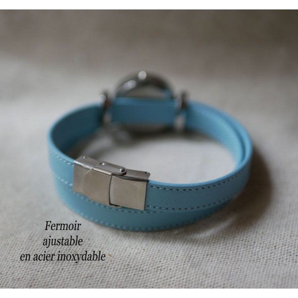 Double turn watch in blue leather couture