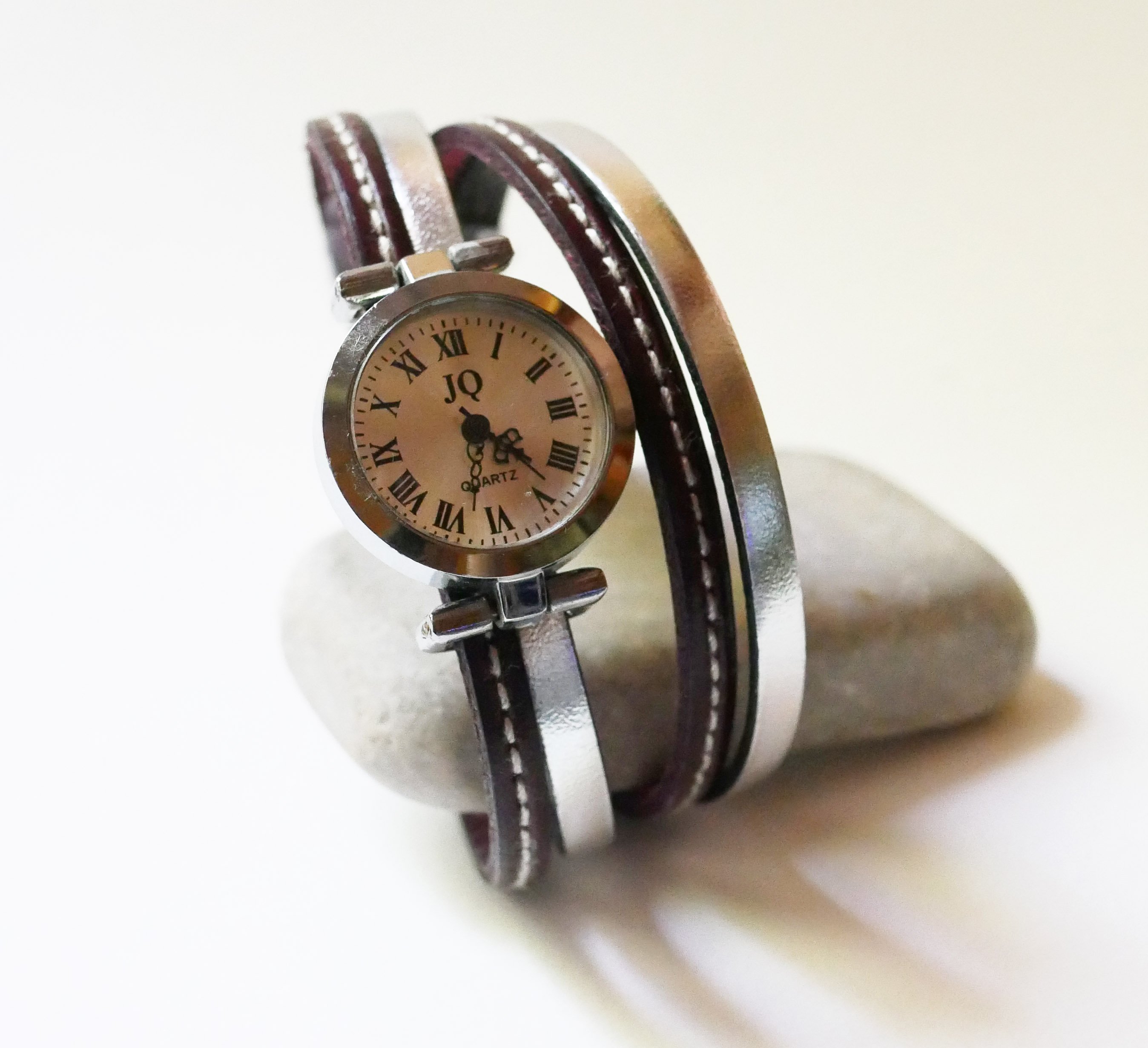 Double wrap-around watch with brown leather duo with stitching to personalize