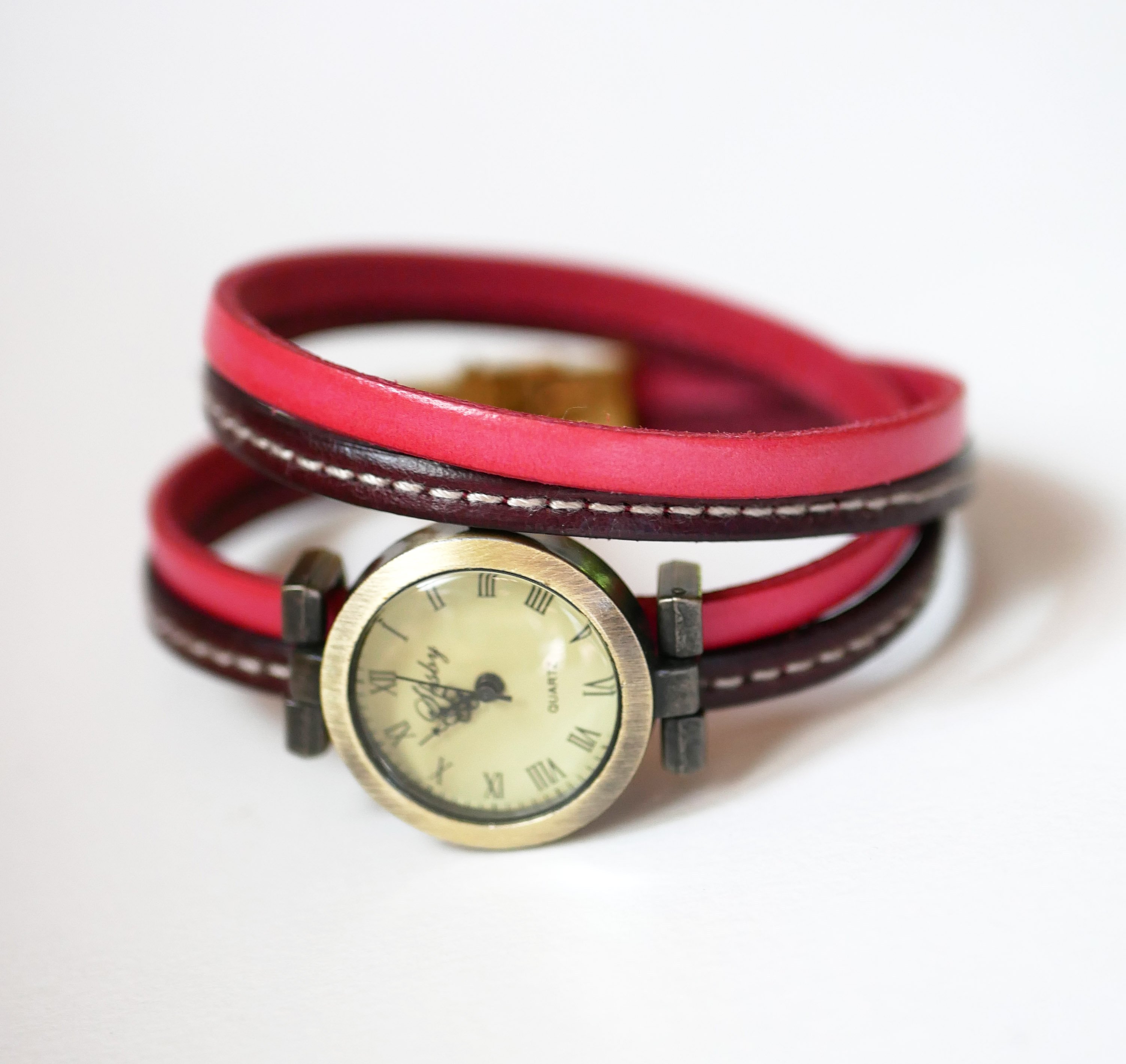 Double wrap-around watch with brown leather duo with stitching to personalize