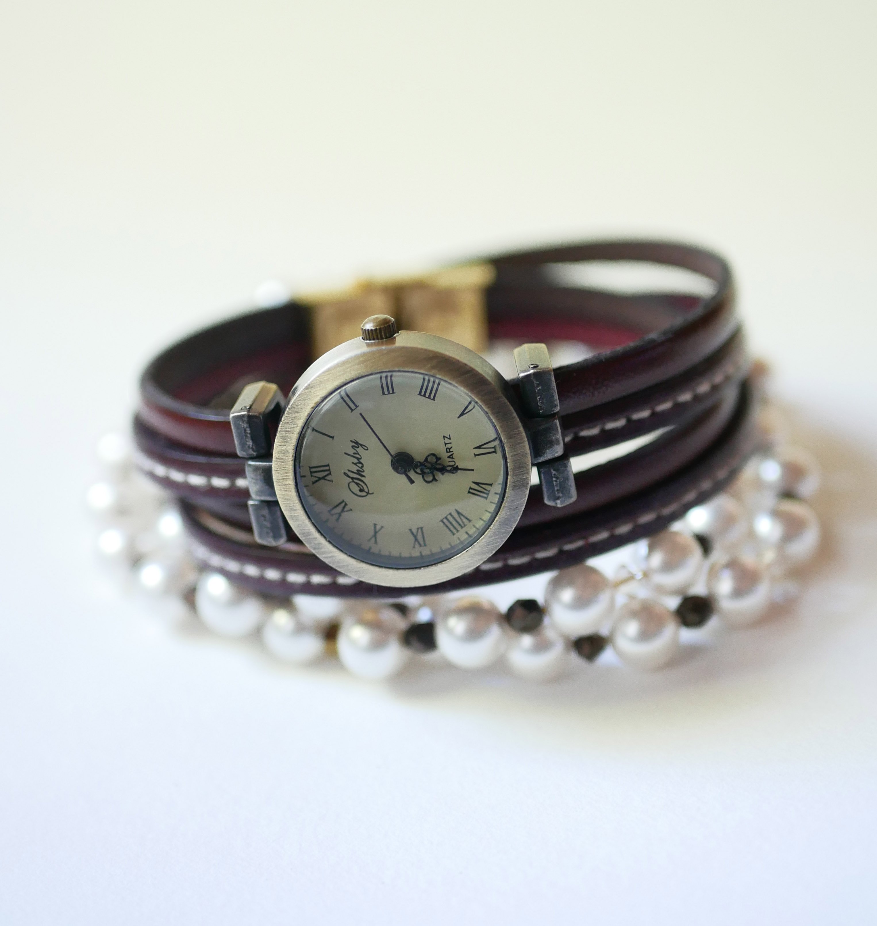Double wrap-around watch with brown leather duo with stitching to personalize