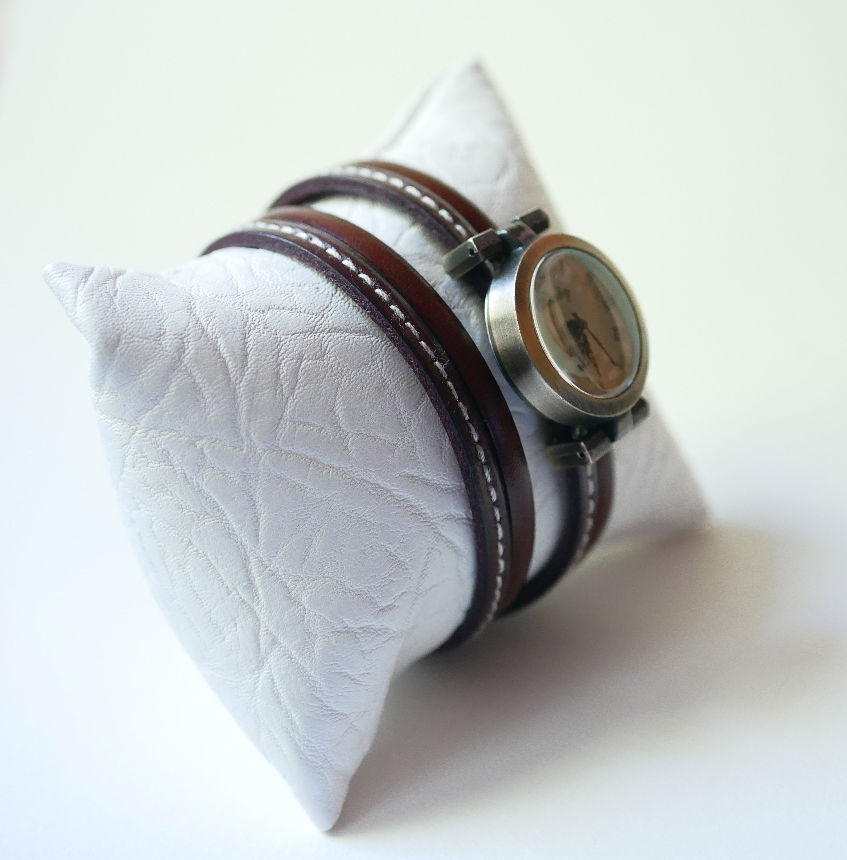 Double wrap-around watch with brown leather duo with stitching to personalize
