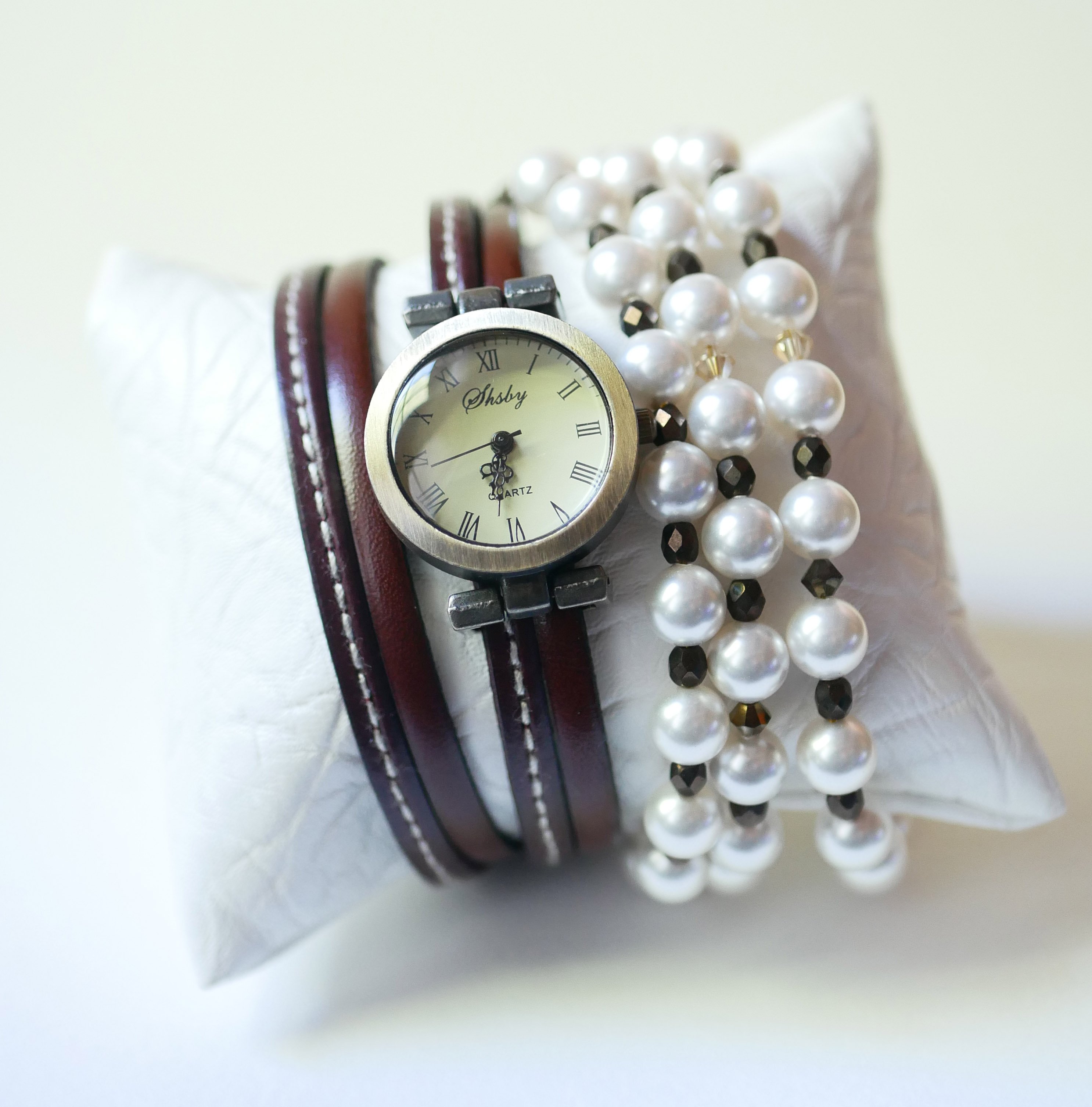 Double wrap-around watch with brown leather duo with stitching to personalize