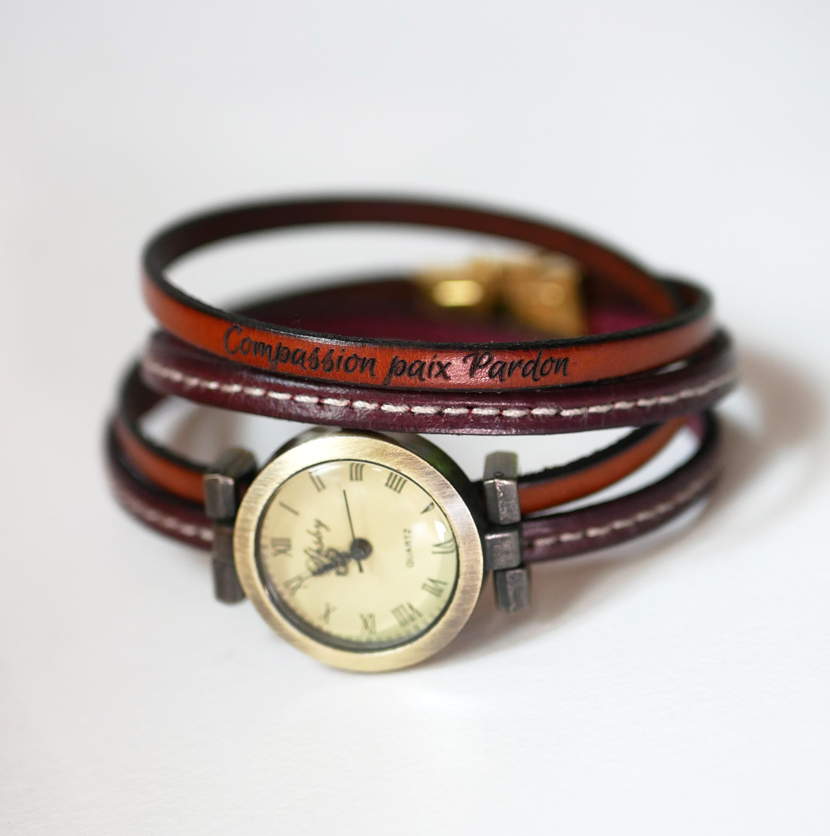 Double wrap-around watch with brown leather duo with stitching to personalize